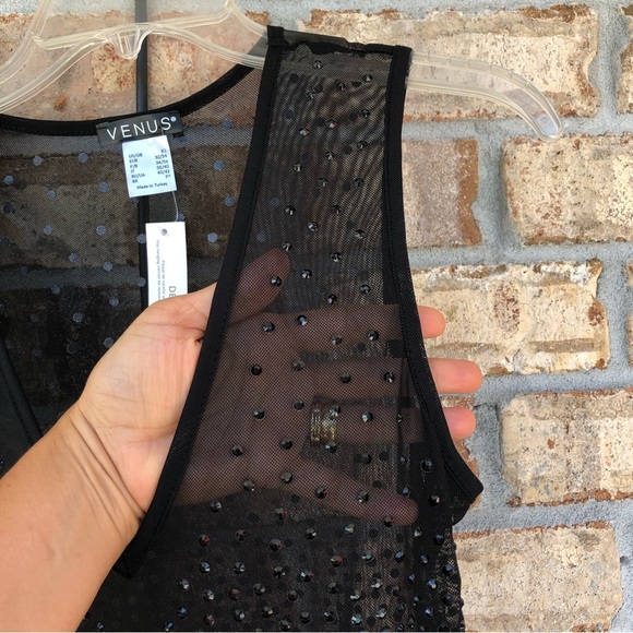 Venus Black Studded / Mesh V-Neck Gorgeous Sleeveless Bodysuit XS - Picture 3 of 15